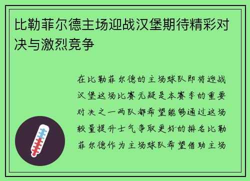 比勒菲尔德主场迎战汉堡期待精彩对决与激烈竞争